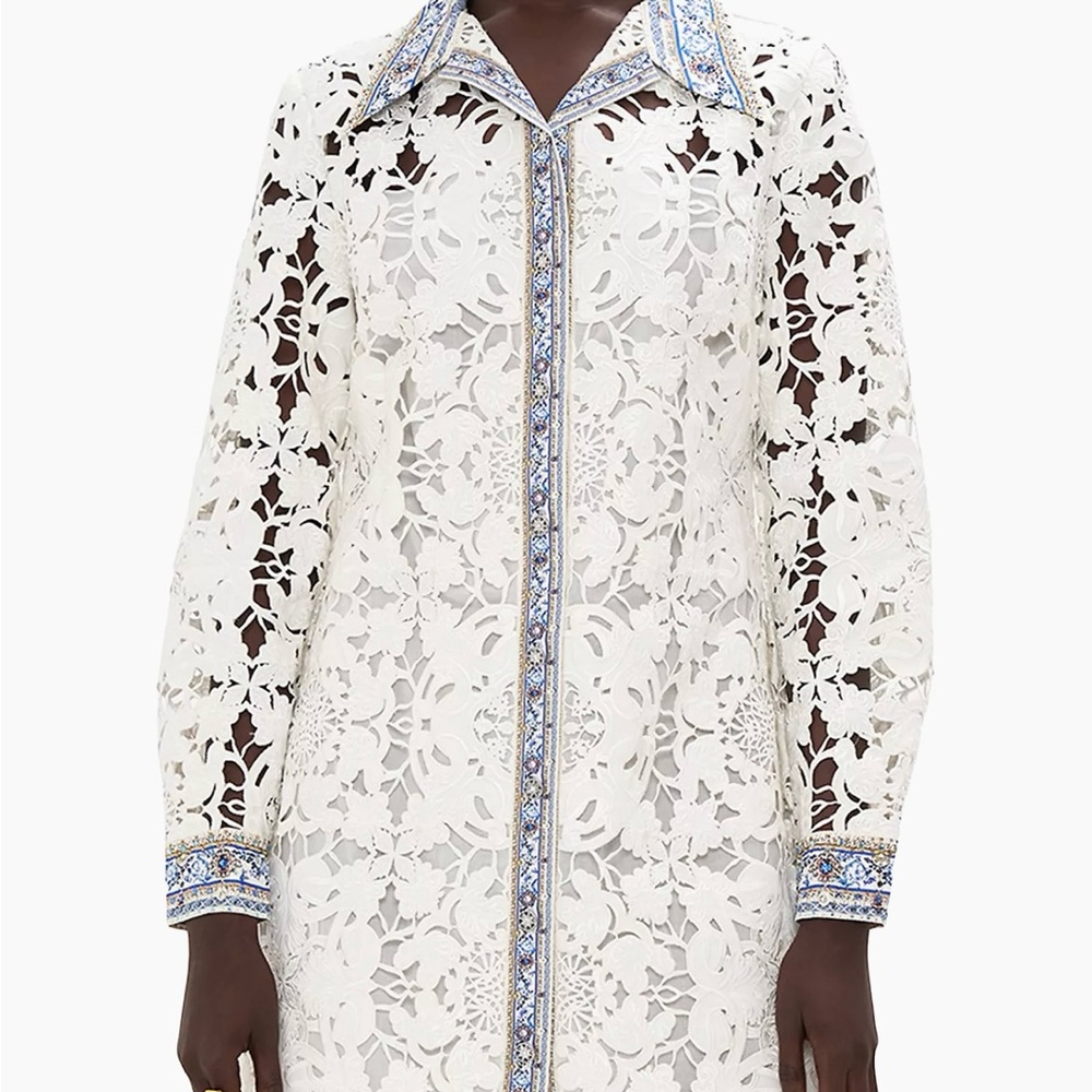 NWT Camilla White Lace Long Sleeve Shirt Dress with Blue Accents